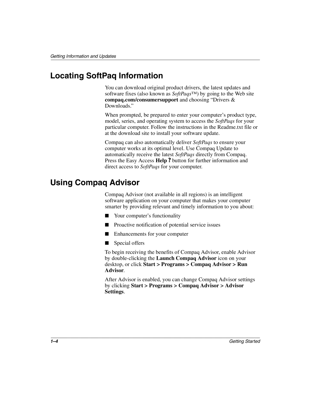 Compaq 4000, 8000, 6000 manual Locating SoftPaq Information, Using Compaq Advisor 