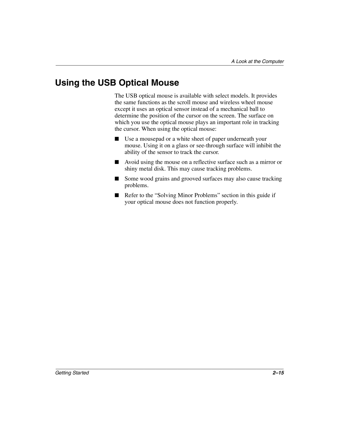 Compaq 6000, 8000 manual Using the USB Optical Mouse 