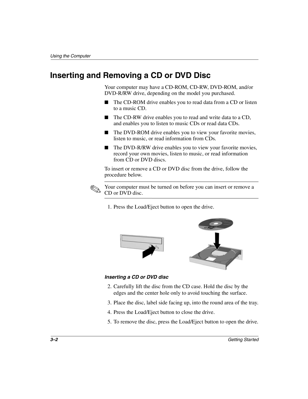 Compaq 8000, 6000 manual Inserting and Removing a CD or DVD Disc 