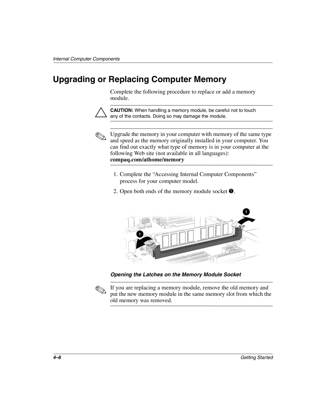 Compaq 8000, 6000 manual Upgrading or Replacing Computer Memory 