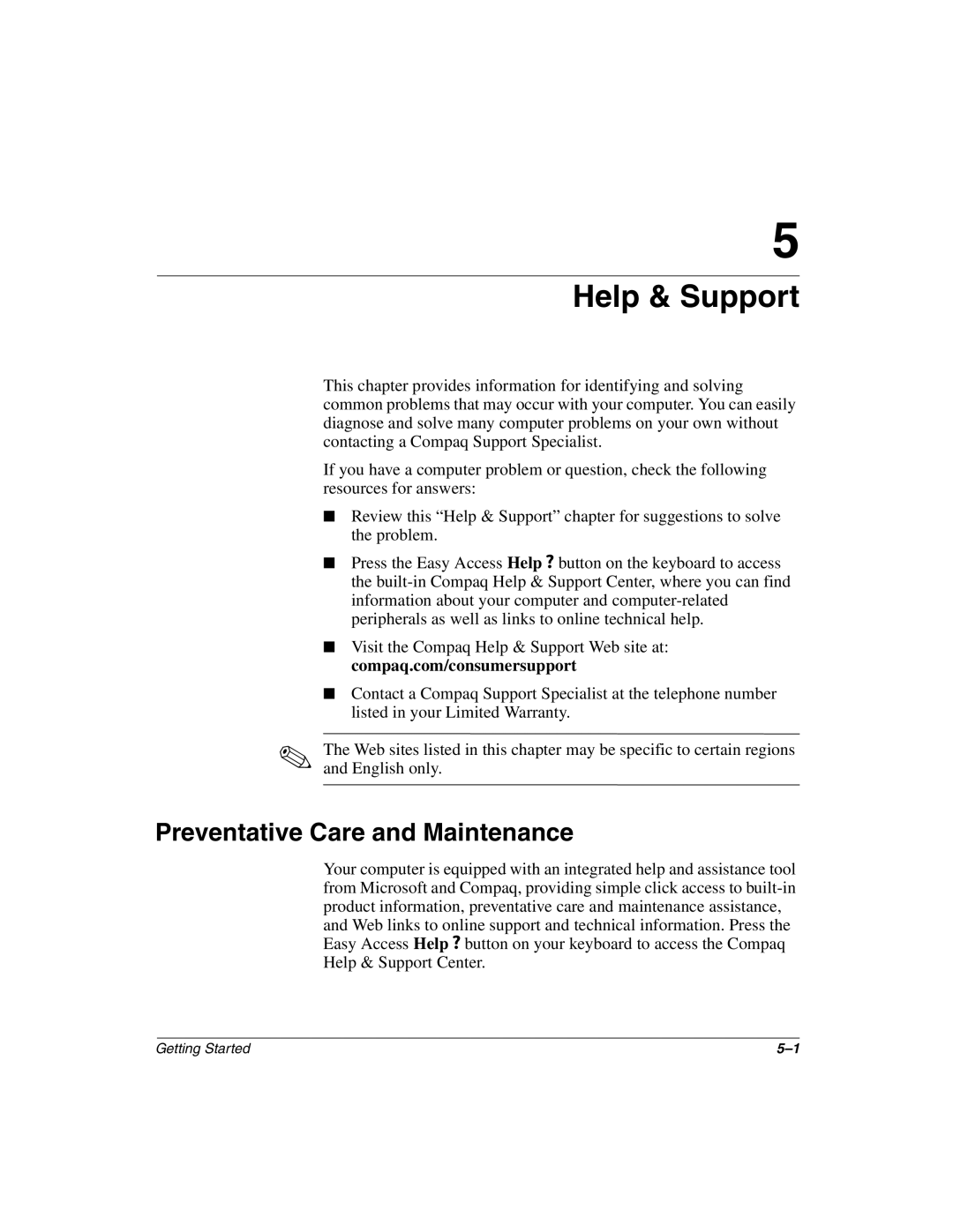 Compaq 6000, 8000 manual Help & Support, Preventative Care and Maintenance 