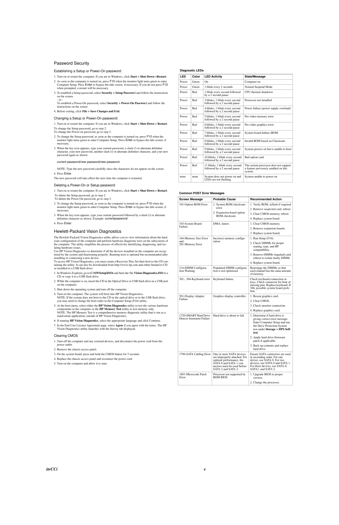 Compaq 8000, 8080 Password Security, Hewlett-Packard Vision Diagnostics, Diagnostic LEDs, Color LED Activity State/Message 