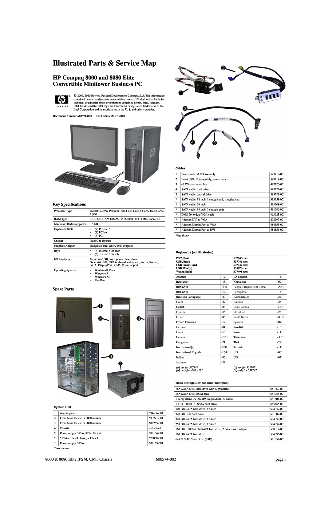 Compaq specifications Key Specifications, Spare Parts, 8000 & 8080 Elite IPSM, CMT Chassis, 600574-002, page, Not shown 