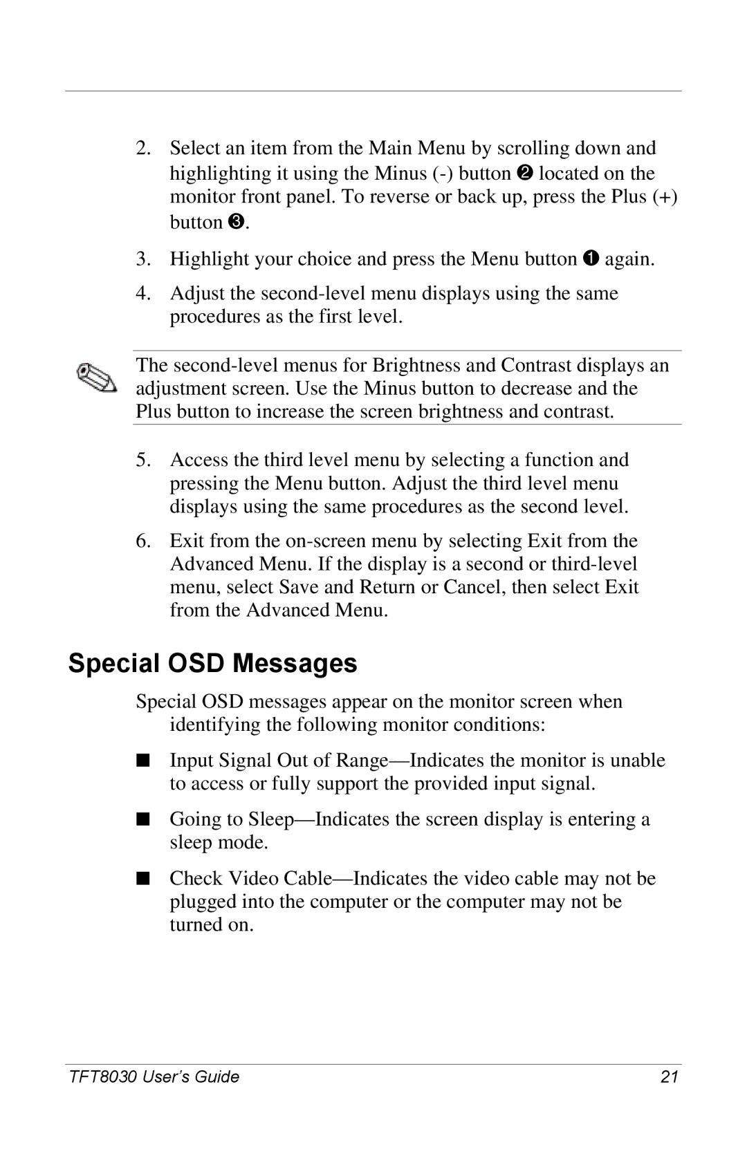 Compaq 8030 manual Special OSD Messages 