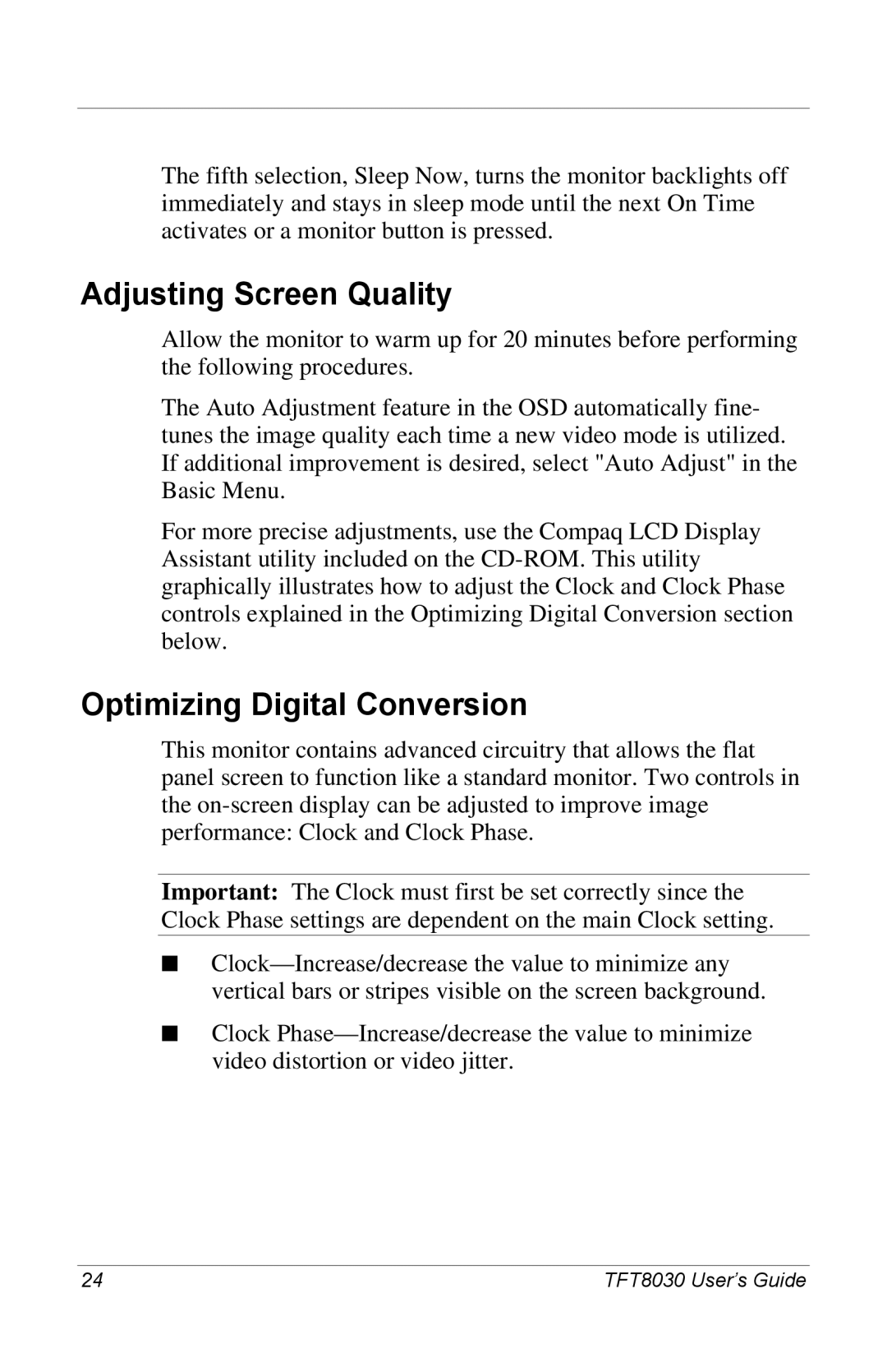 Compaq 8030 manual Adjusting Screen Quality, Optimizing Digital Conversion 