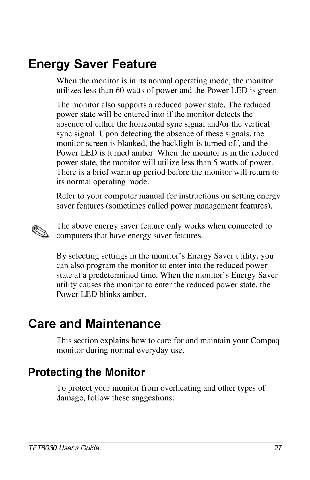 Compaq 8030 manual Energy Saver Feature, Care and Maintenance, Protecting the Monitor 