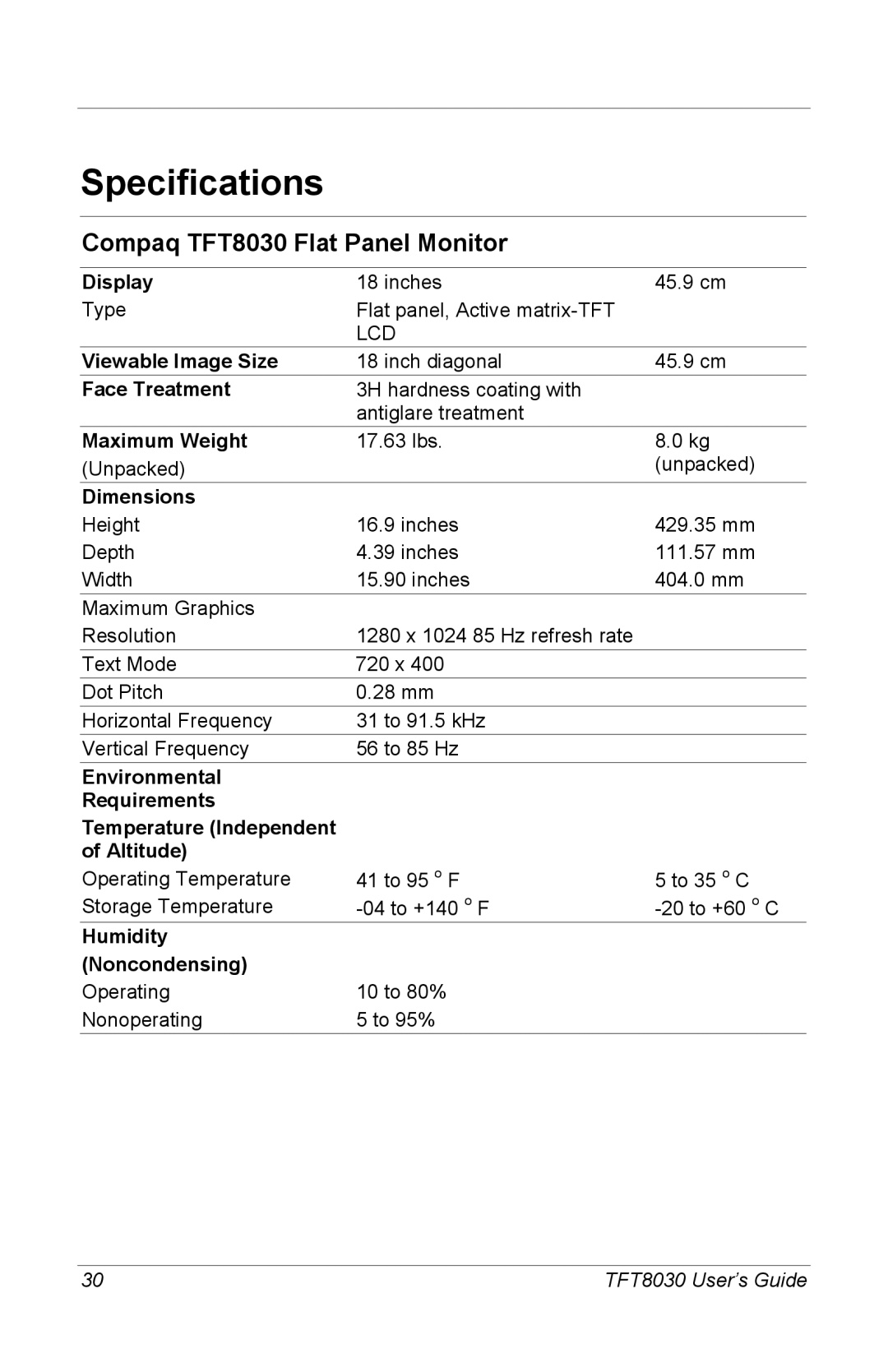 Compaq manual Specifications, Compaq TFT8030 Flat Panel Monitor 