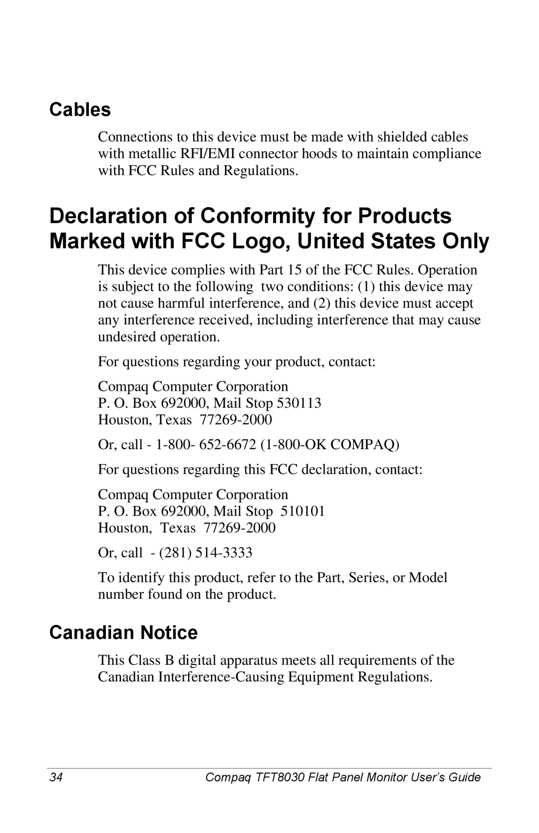 Compaq 8030 manual Cables, Canadian Notice 