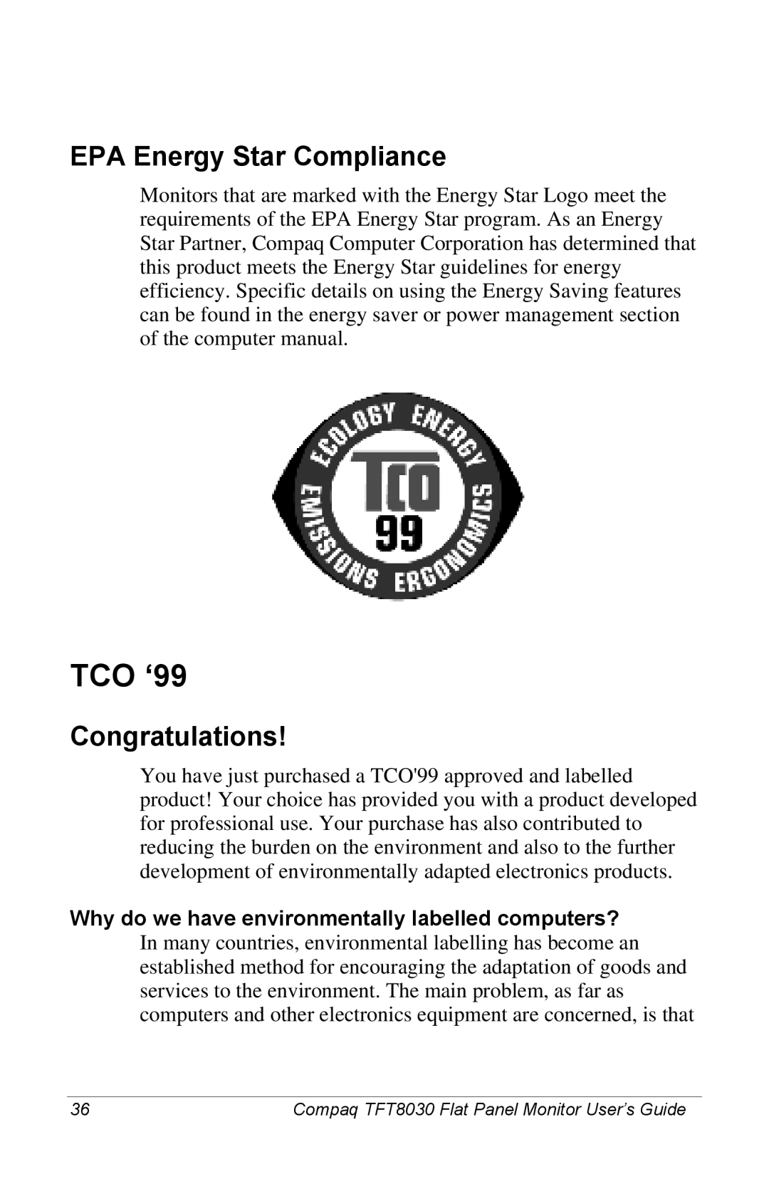 Compaq 8030 manual TCO ‘99, EPA Energy Star Compliance, Congratulations 