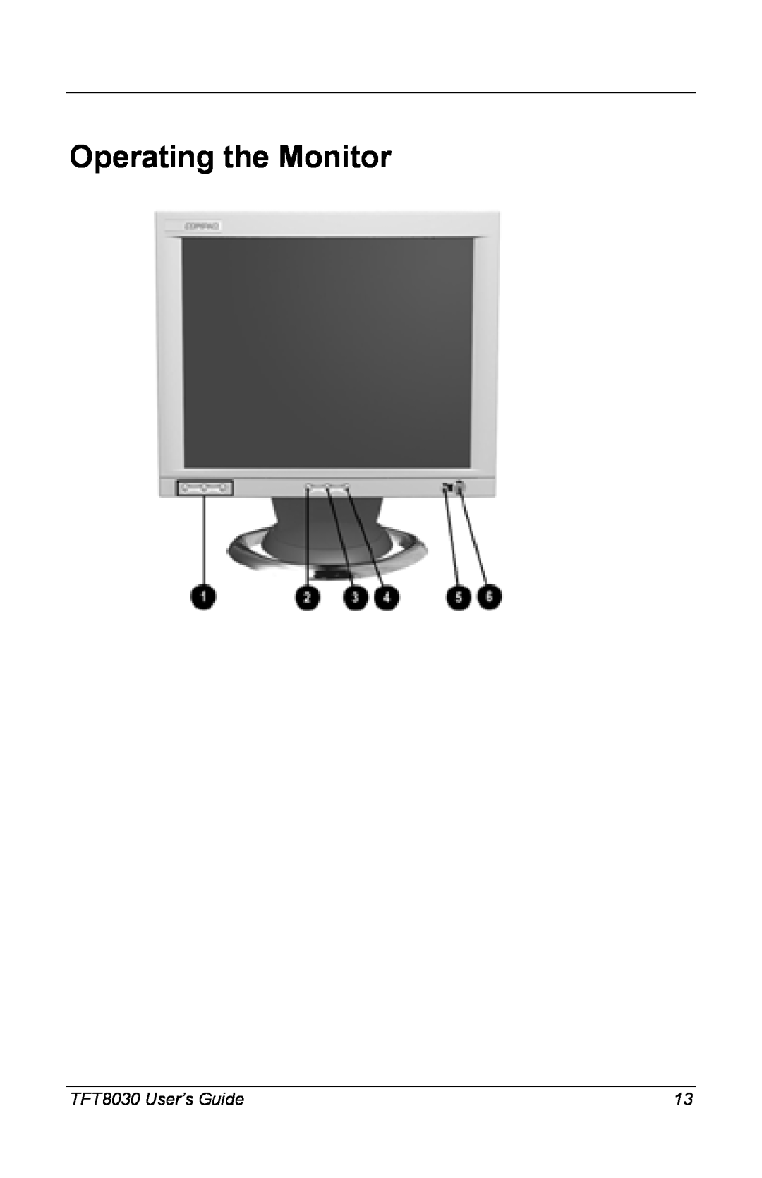 Compaq manual Operating the Monitor, TFT8030 User’s Guide 