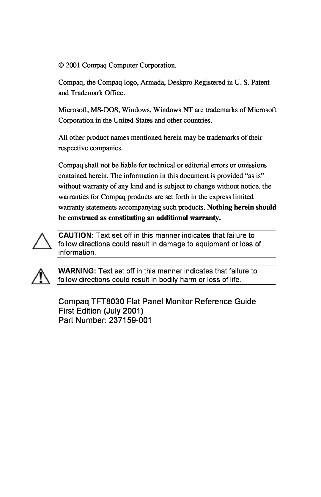 Compaq manual Compaq TFT8030 Flat Panel Monitor Reference Guide First Edition July, Part Number 