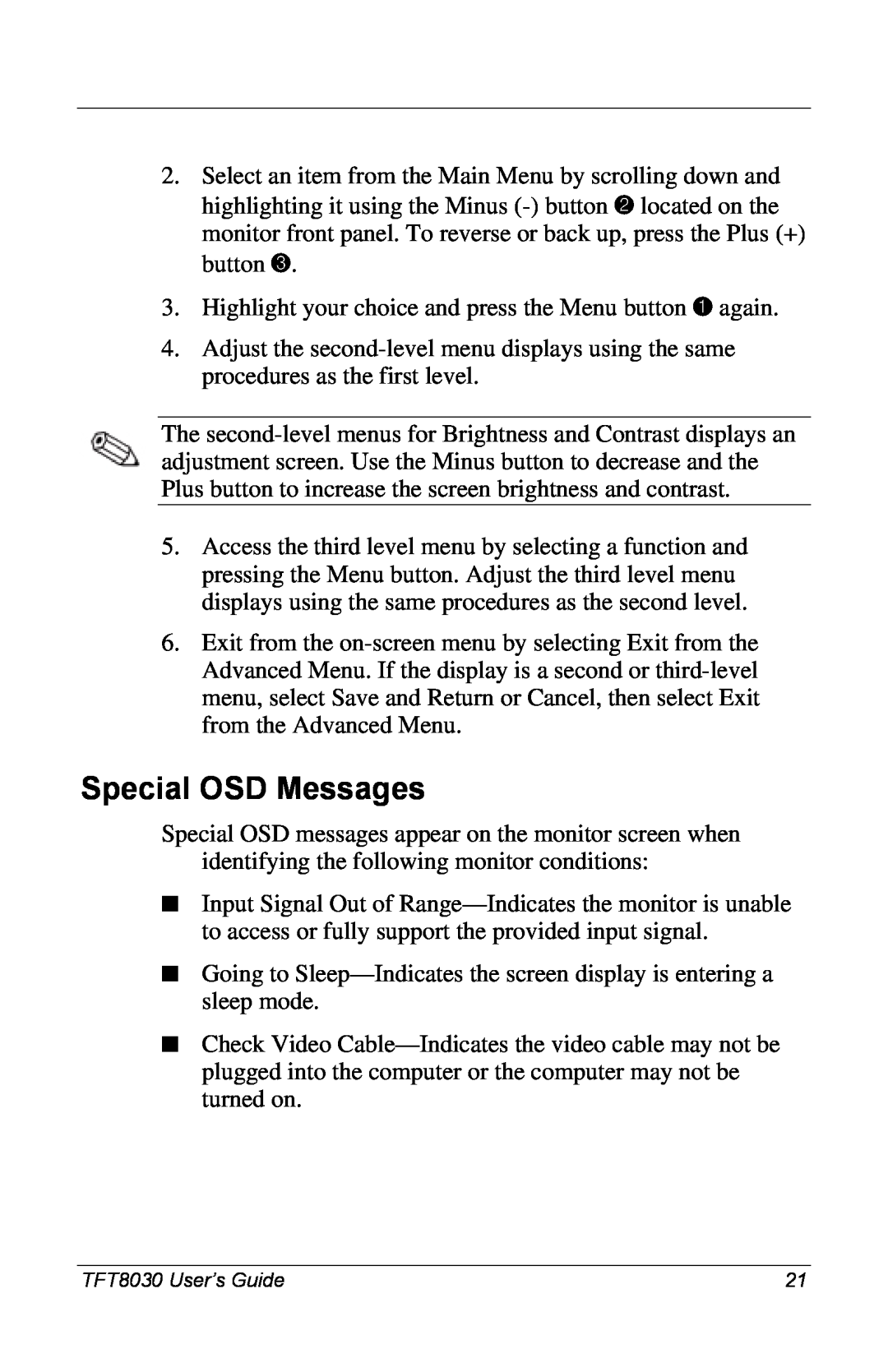 Compaq 8030 manual Special OSD Messages 