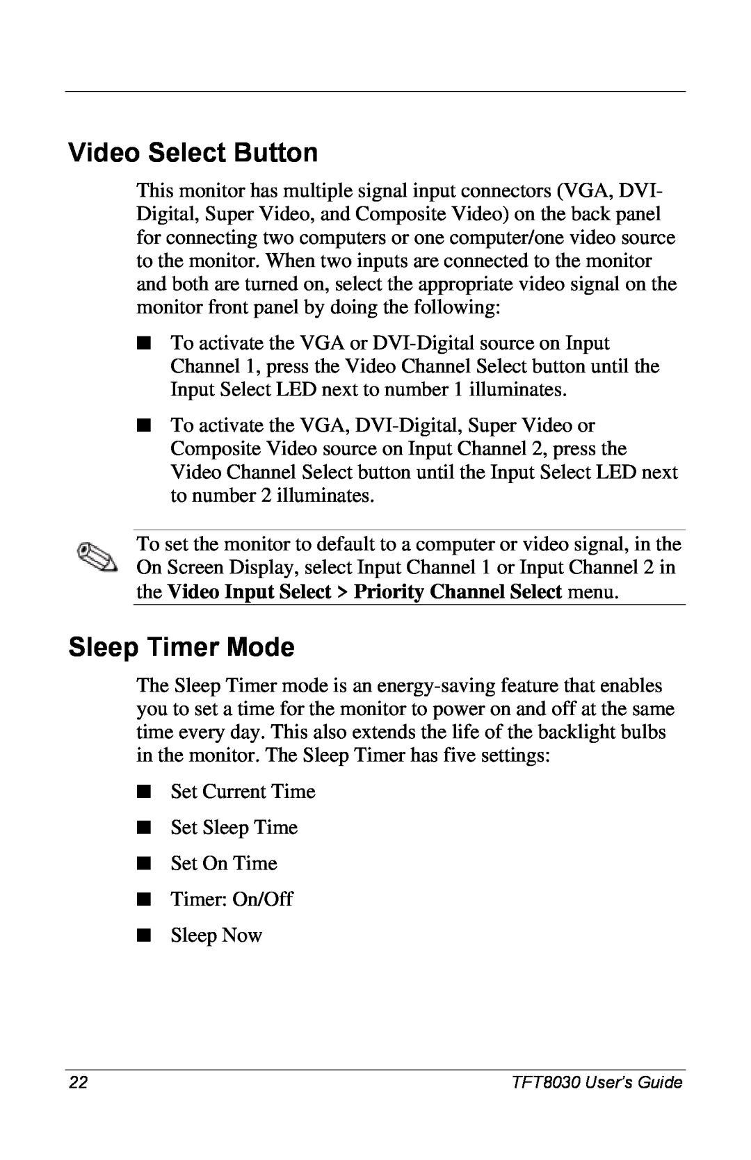 Compaq 8030 manual Video Select Button, Sleep Timer Mode 