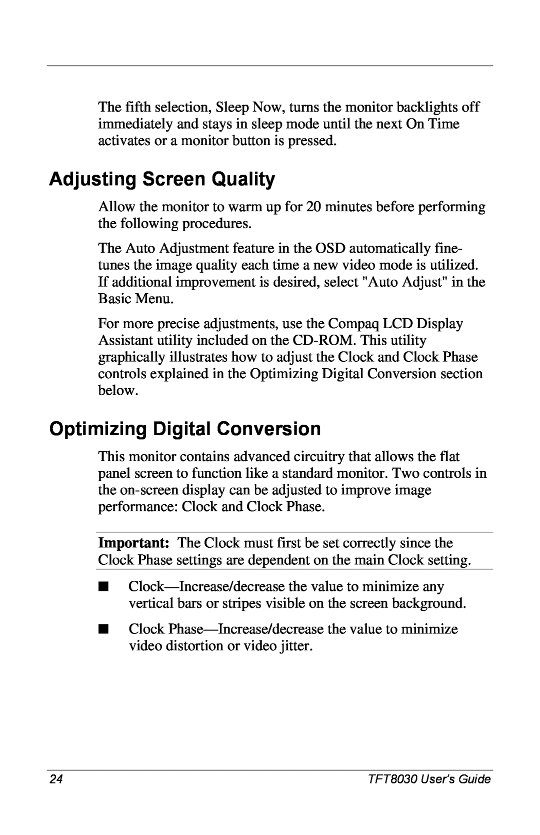 Compaq 8030 manual Adjusting Screen Quality, Optimizing Digital Conversion 