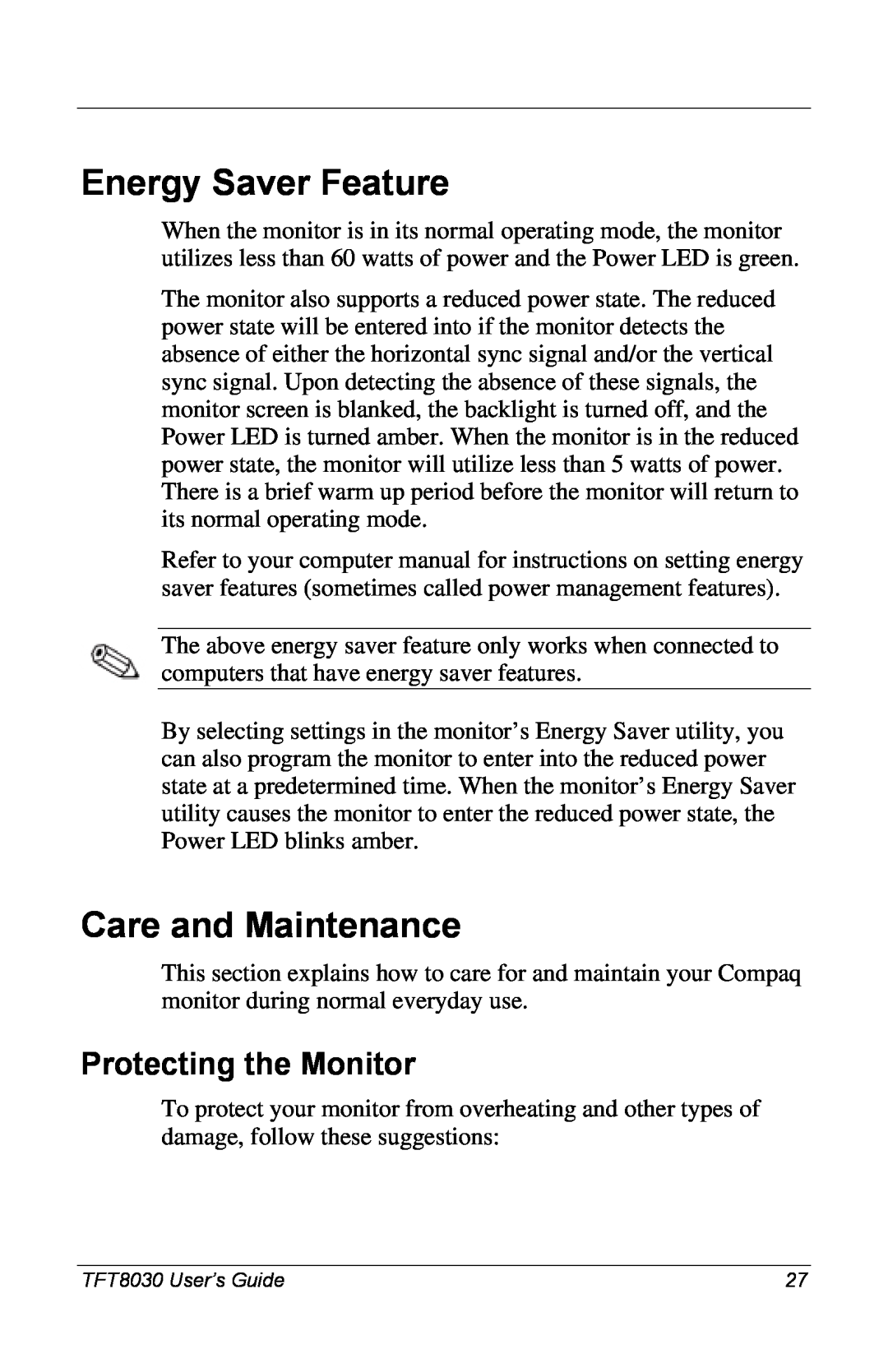 Compaq 8030 manual Energy Saver Feature, Care and Maintenance, Protecting the Monitor 