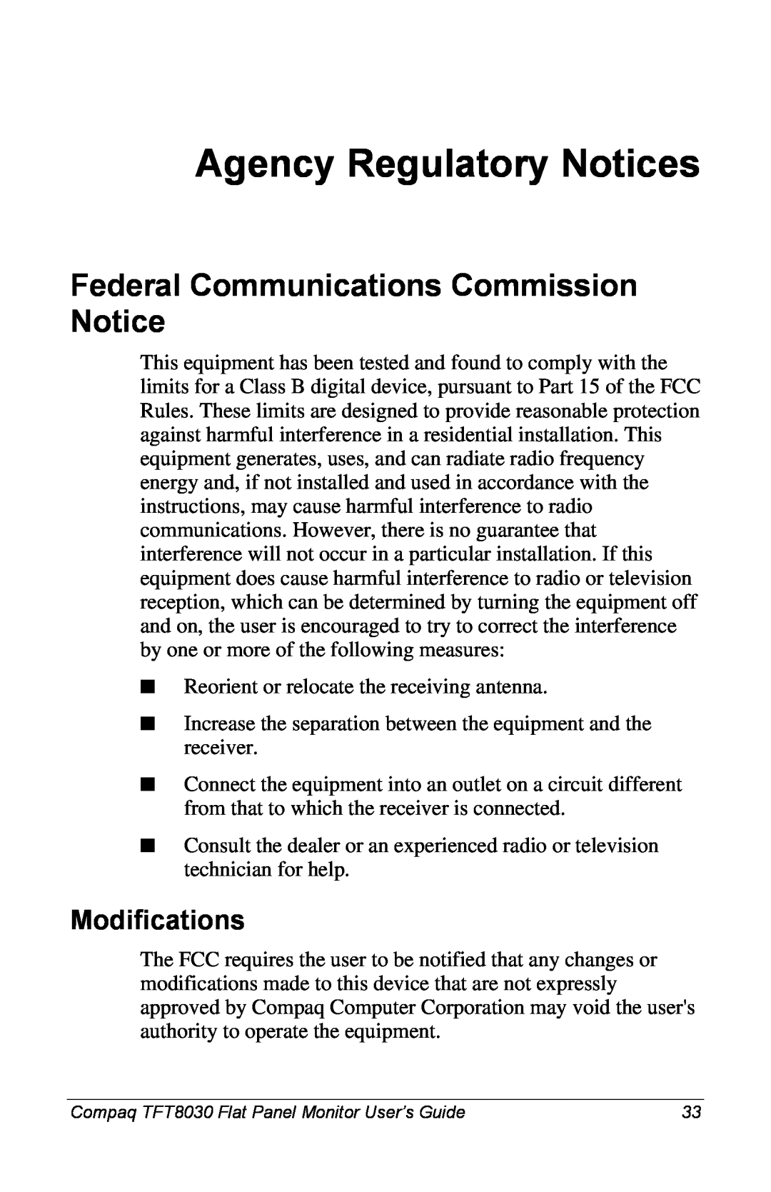 Compaq 8030 manual Federal Communications Commission Notice, Modifications, Agency Regulatory Notices 