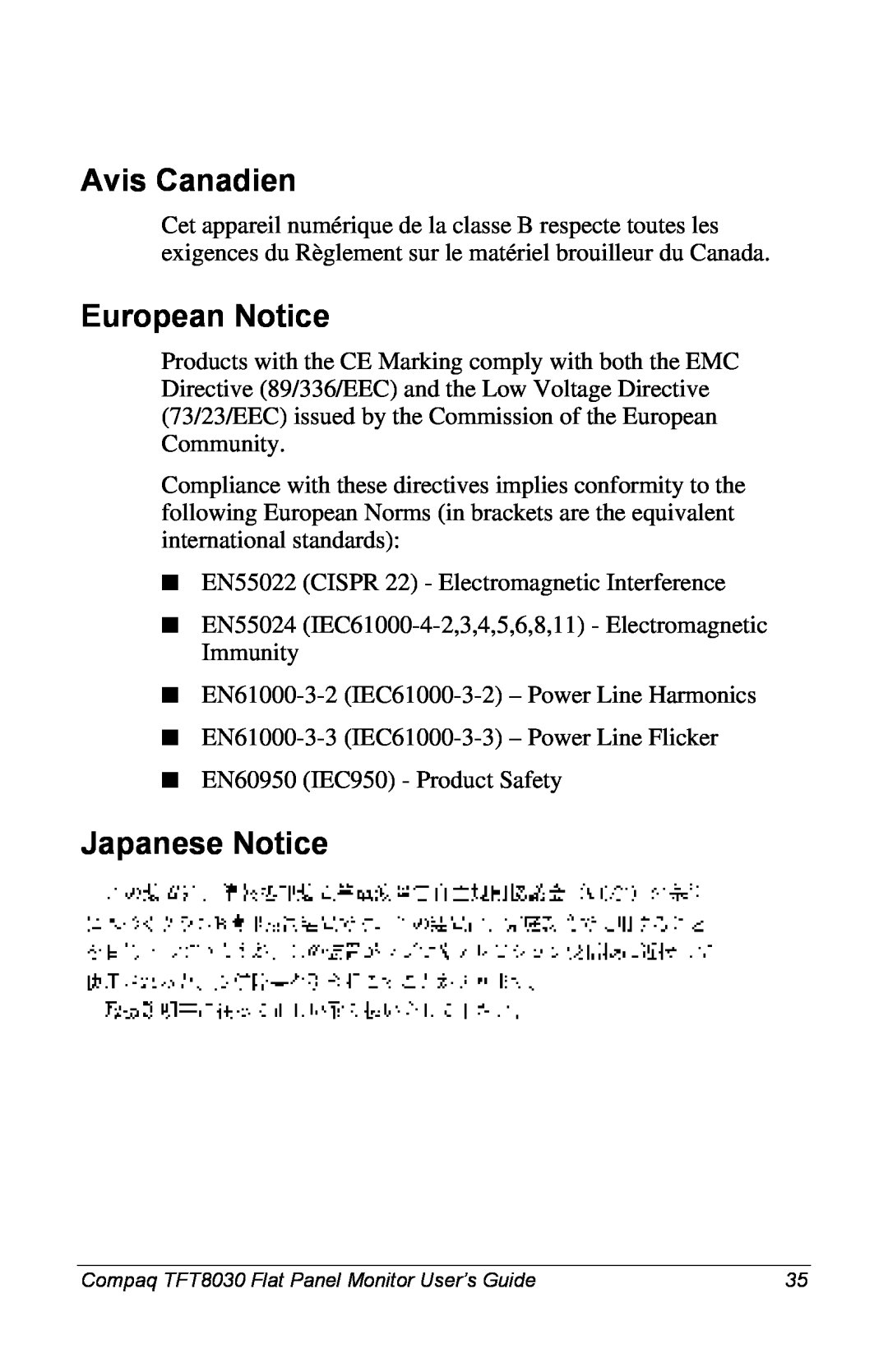 Compaq 8030 manual Avis Canadien, European Notice, Japanese Notice 