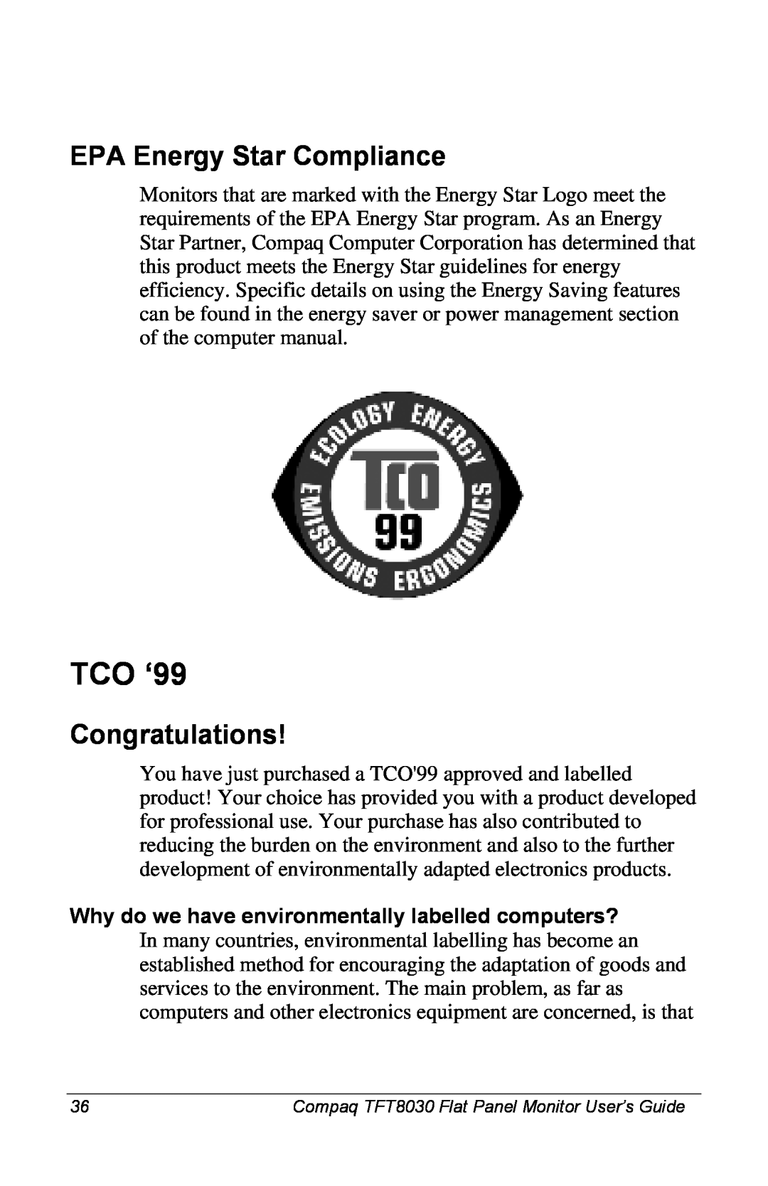Compaq 8030 manual TCO ‘99, EPA Energy Star Compliance, Congratulations 