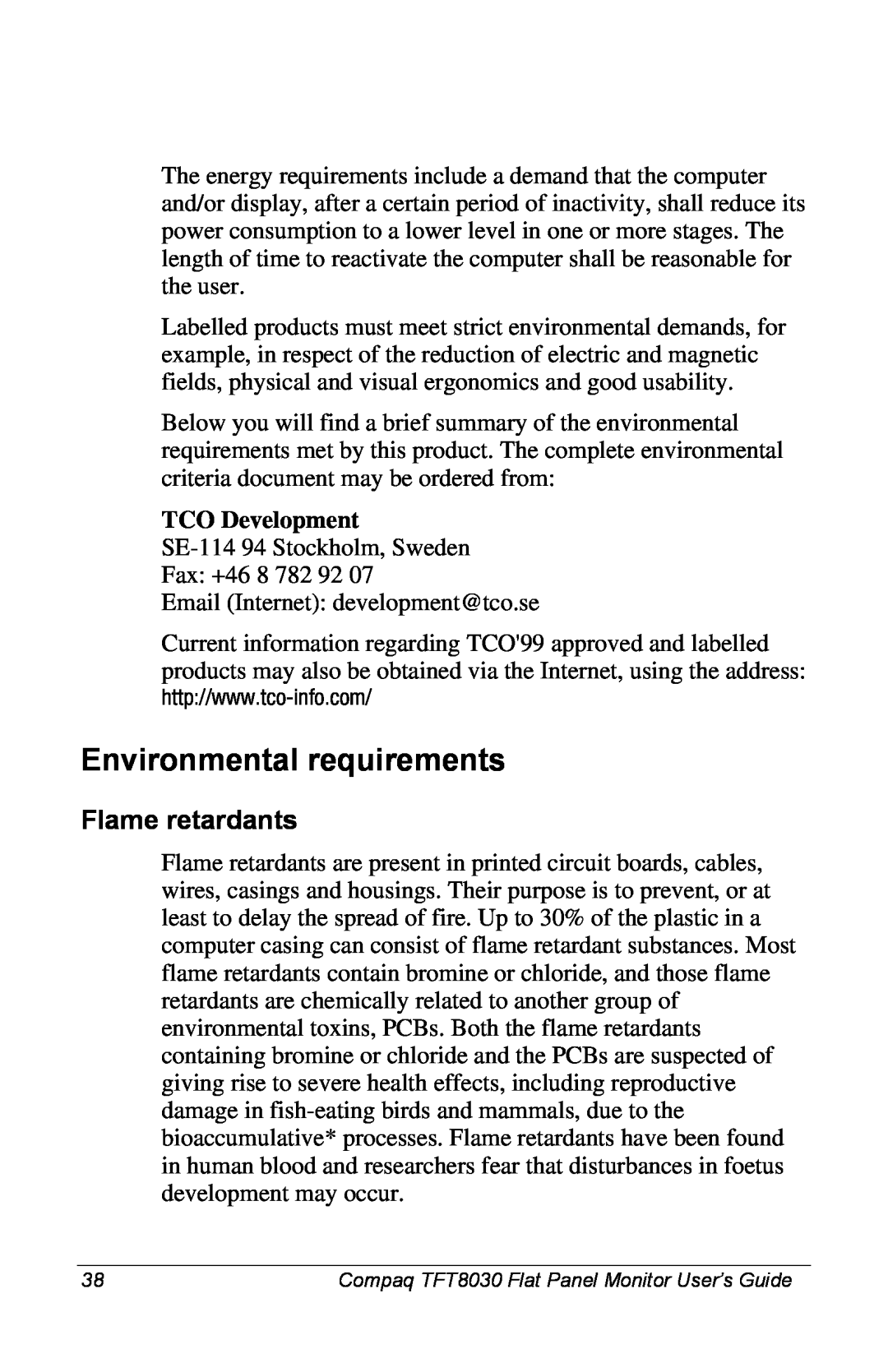 Compaq 8030 manual Environmental requirements, Flame retardants, TCO Development 