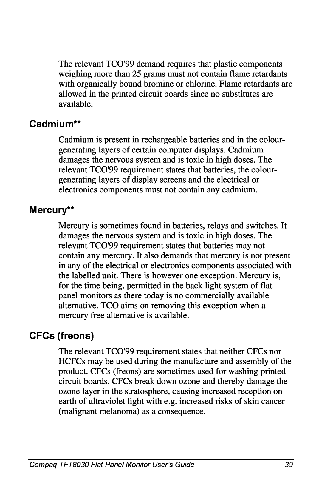 Compaq 8030 manual Cadmium, Mercury, CFCs freons 