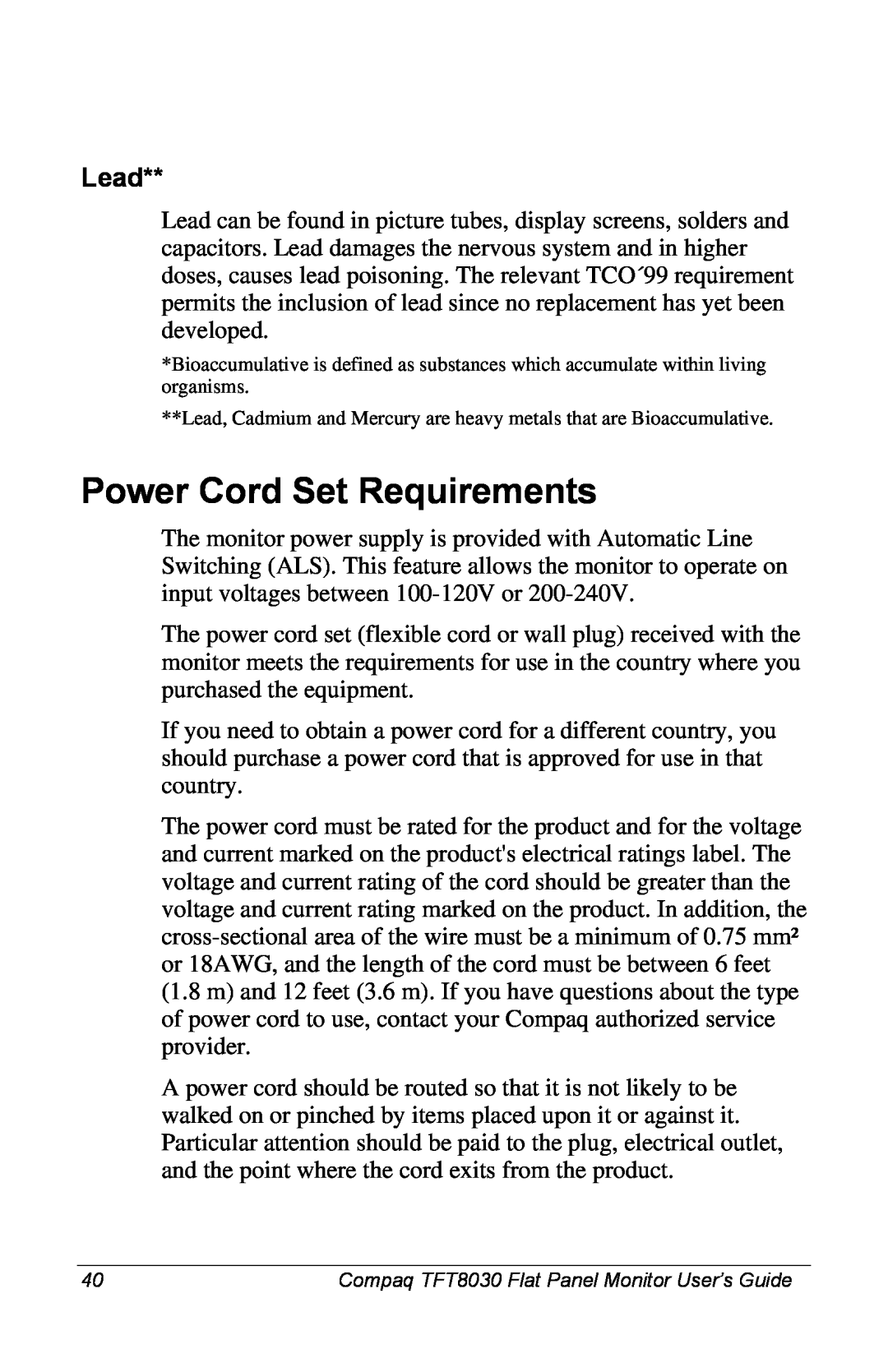 Compaq 8030 manual Power Cord Set Requirements, Lead 
