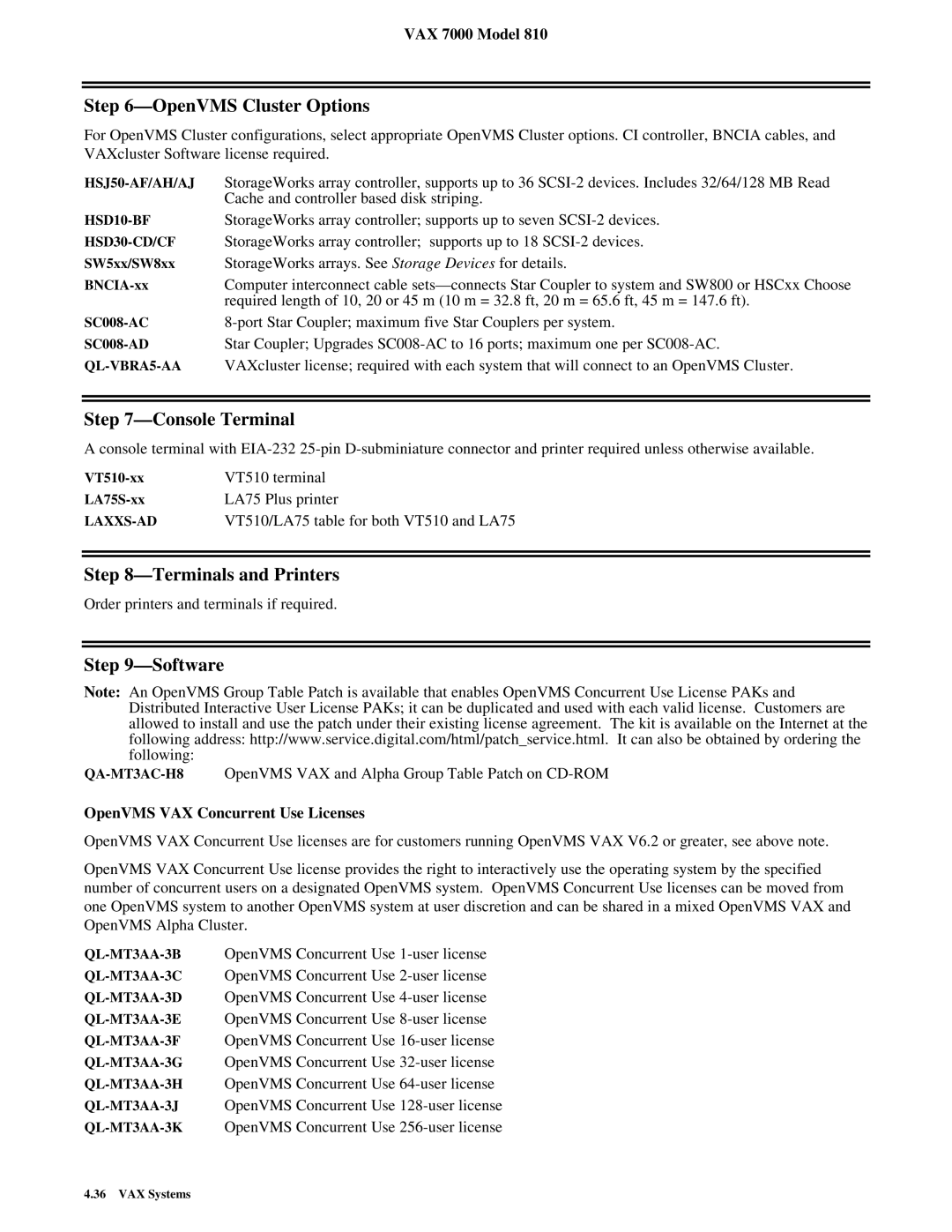 Compaq 810 dimensions OpenVMS Cluster Options, Console Terminal, Terminals and Printers, Software 