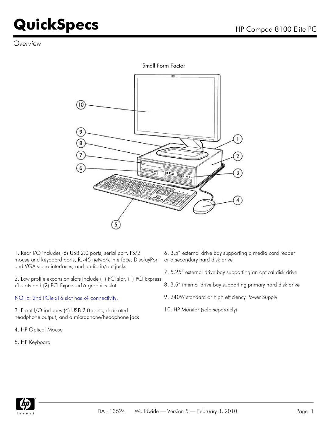 Compaq 8100 manual Overview, Small Form Factor, Rear I/O includes 6 USB 2.0 ports, serial port, PS/2 