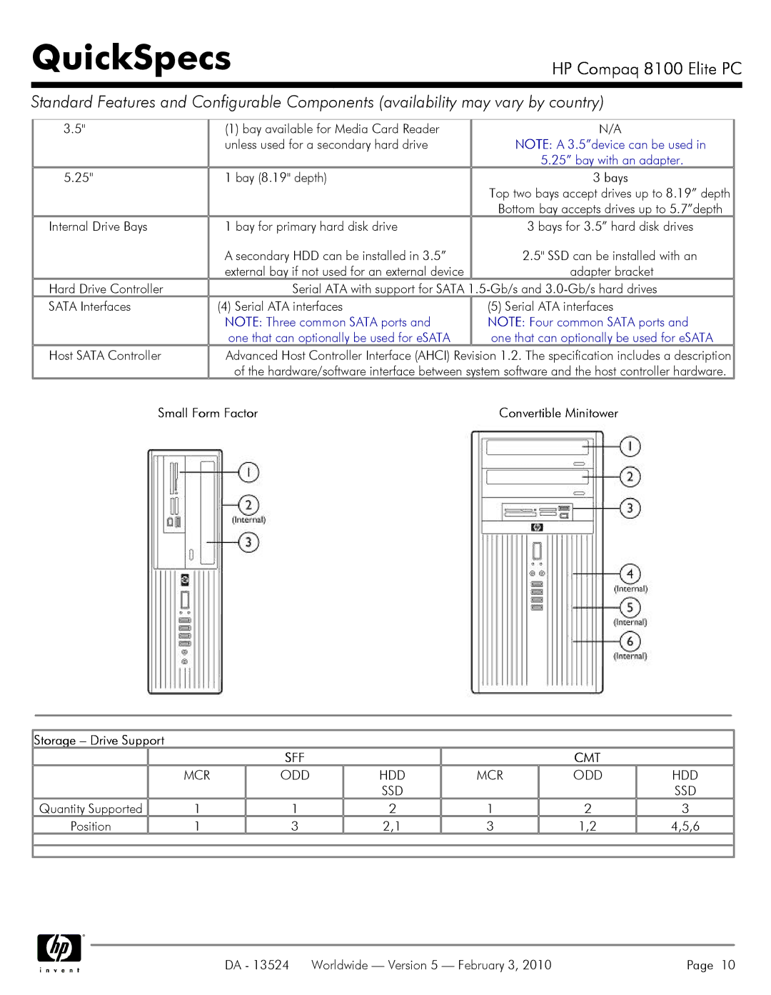 Compaq 8100 manual Bay 8.19 depth, Internal Drive Bays Bay for primary hard disk drive, Secondary HDD can be installed 