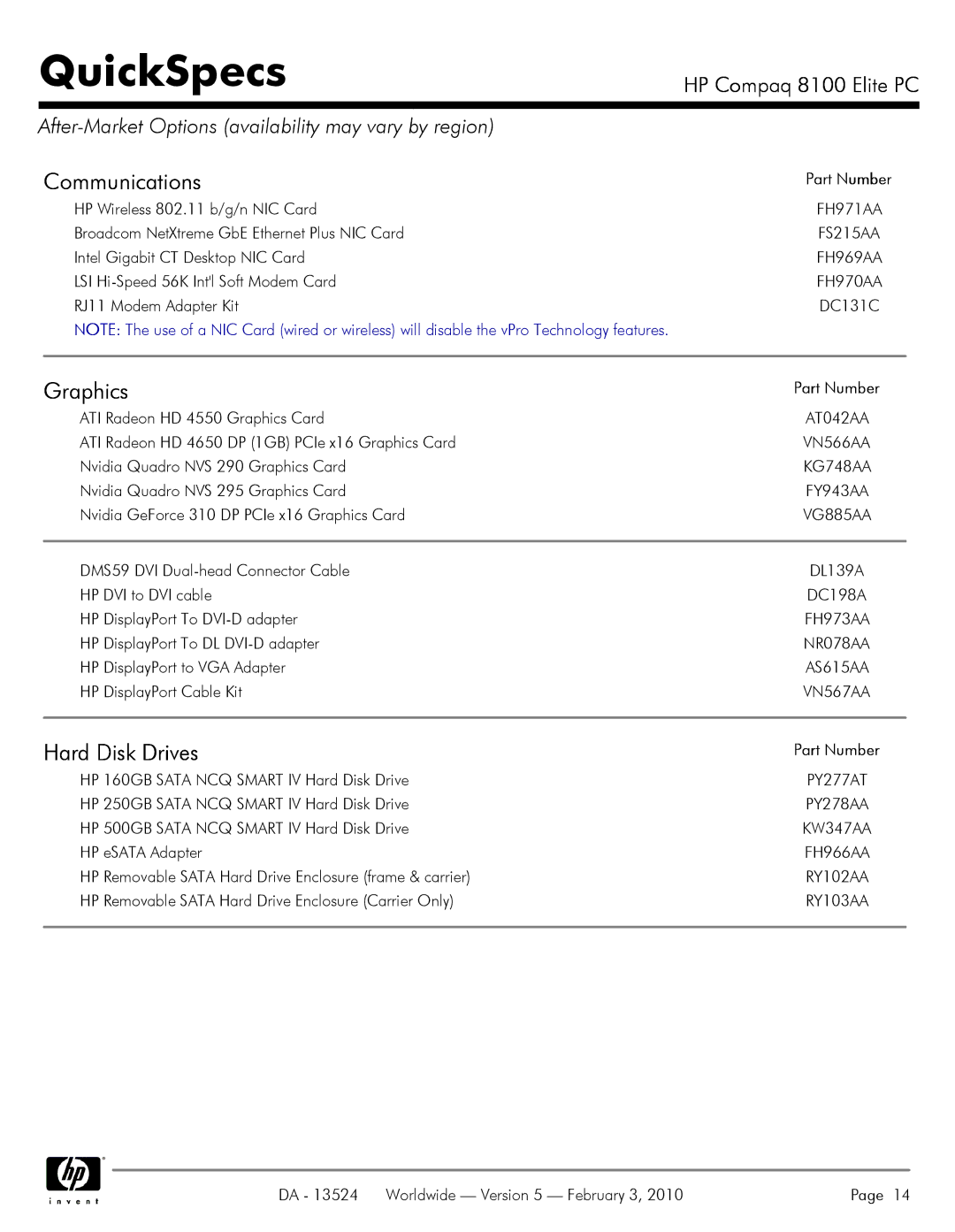 Compaq 8100 Communications, Graphics, Hard Disk Drives, After-Market Options availability may vary by region, Part Number 