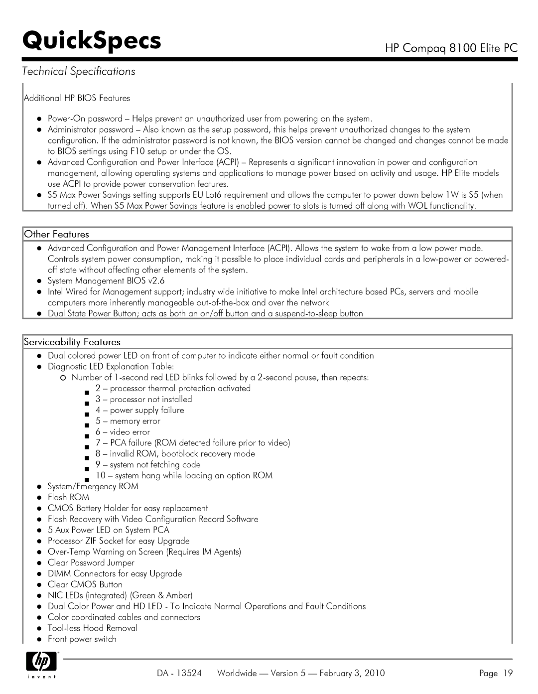 Compaq 8100 manual Other Features, Serviceability Features 