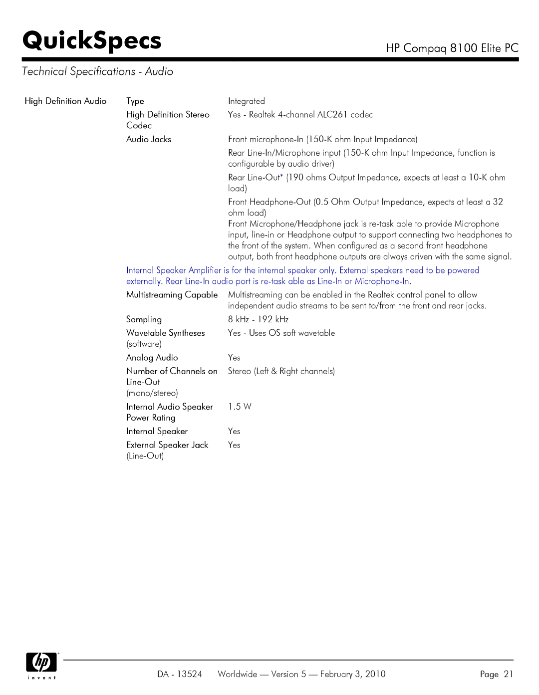 Compaq 8100 manual Technical Specifications Audio 