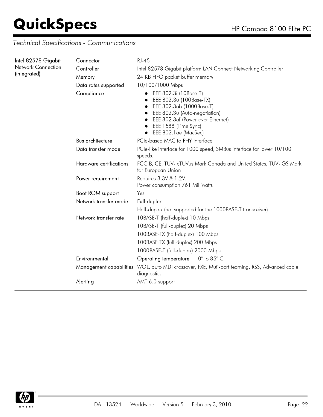 Compaq 8100 manual Technical Specifications Communications 