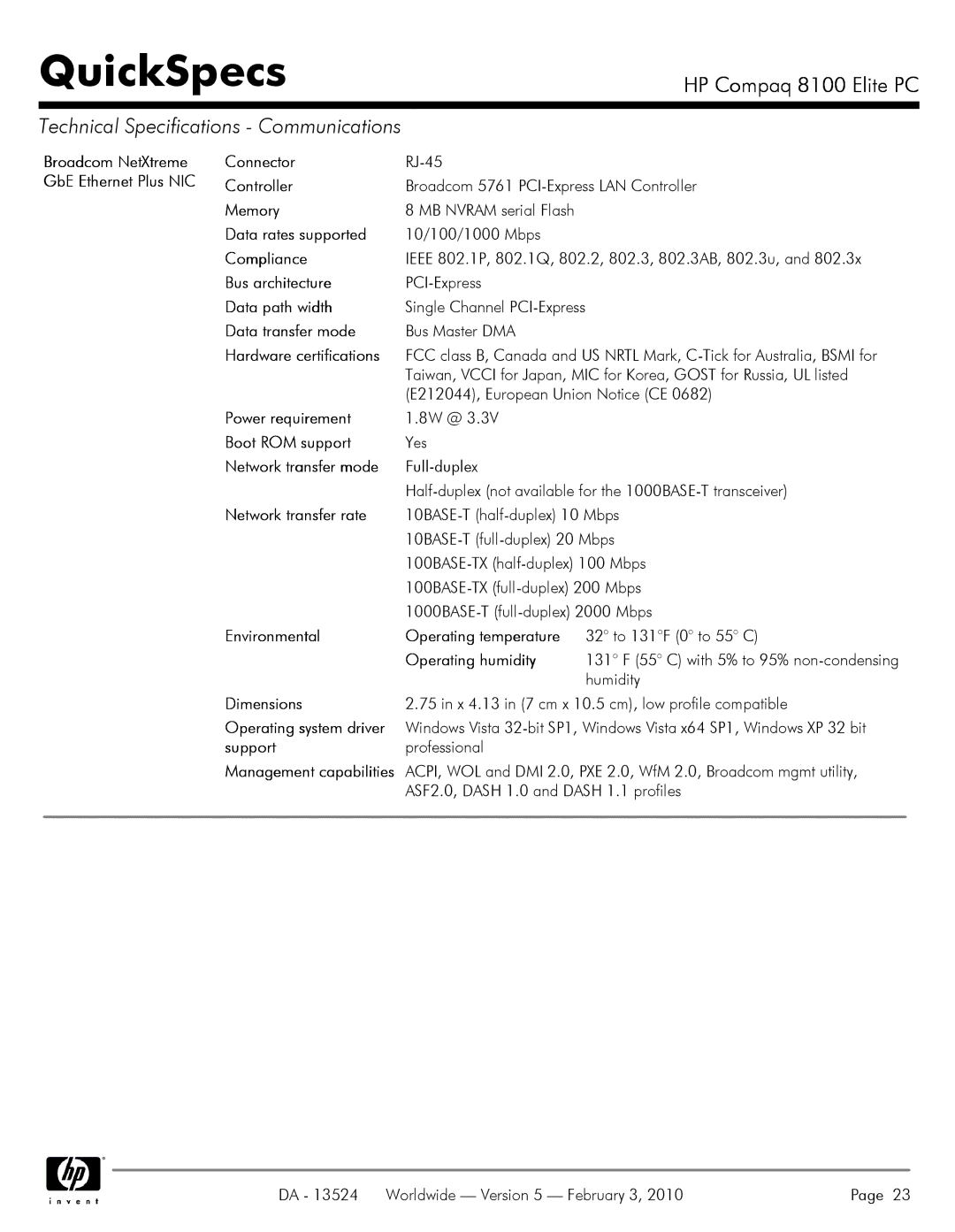 Compaq 8100 manual Data path width, Environmental Operating temperature, Operating humidity, Dimensions, Support 