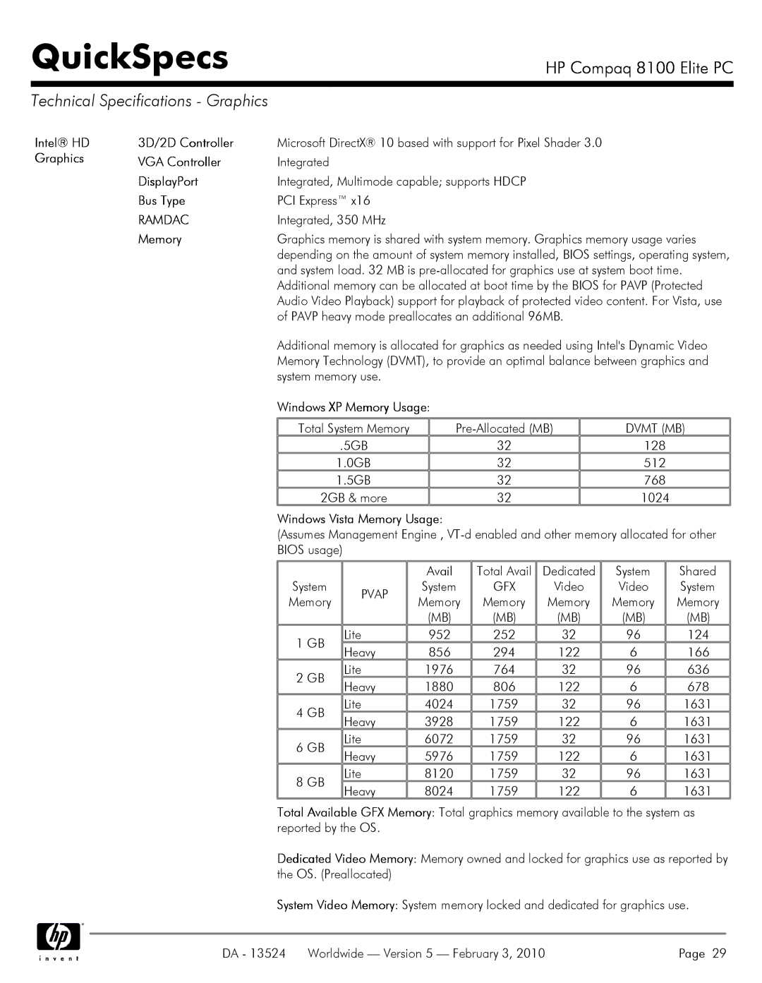 Compaq 8100 manual Technical Specifications Graphics 