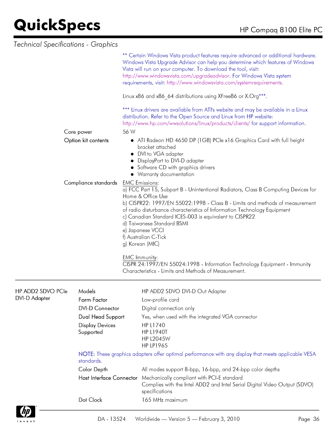 Compaq 8100 Core power, HP ADD2 Sdvo PCIe Models, DVI-D Adapter Form Factor, DVI-D Connector, Dual Head Support, Dot Clock 