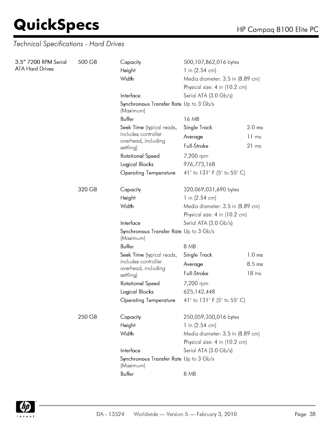 Compaq 8100 manual Technical Specifications Hard Drives 