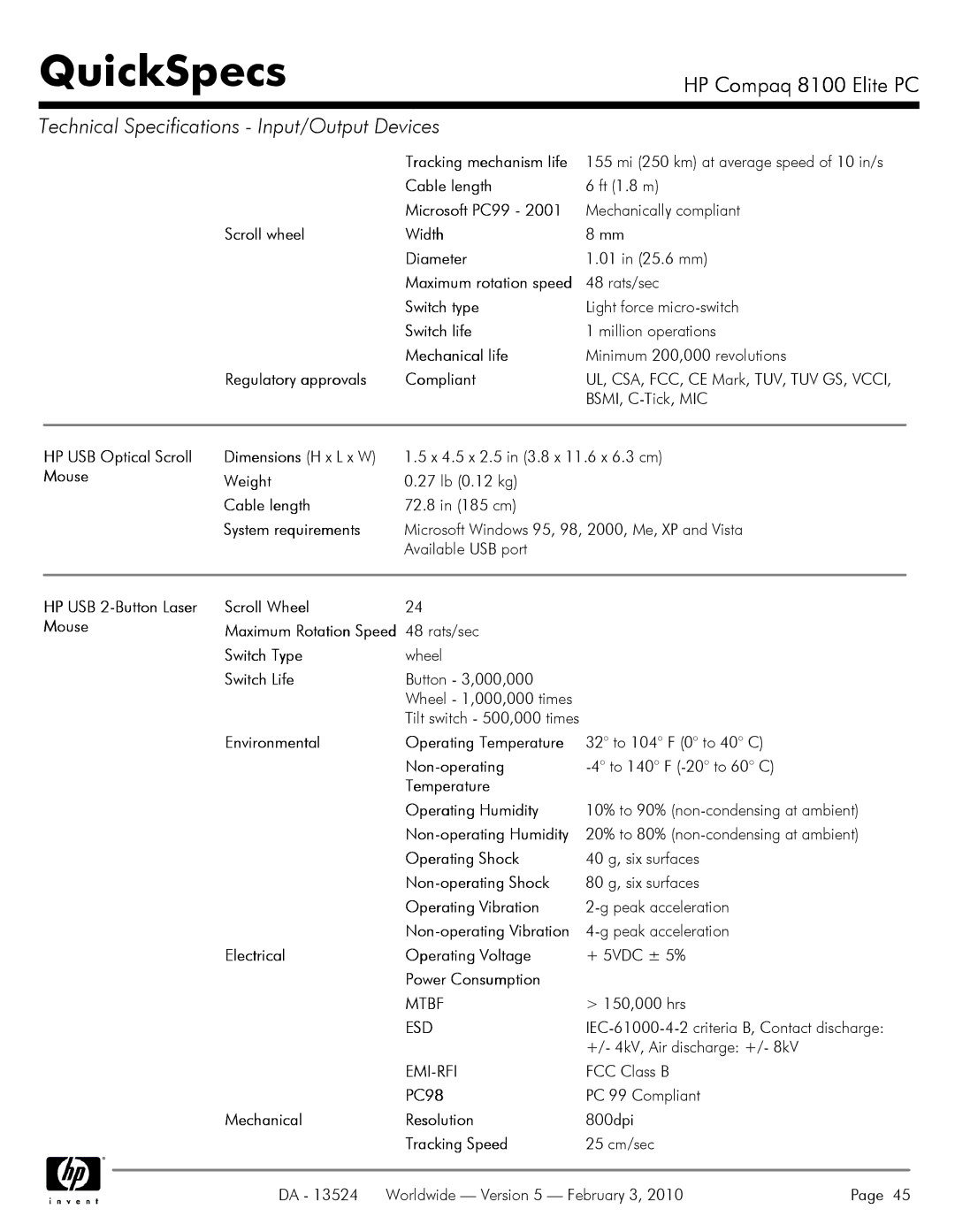 Compaq 8100 manual Scroll wheel Width Diameter, Mechanical life, Regulatory approvals Compliant, Mouse Weight, PC98 