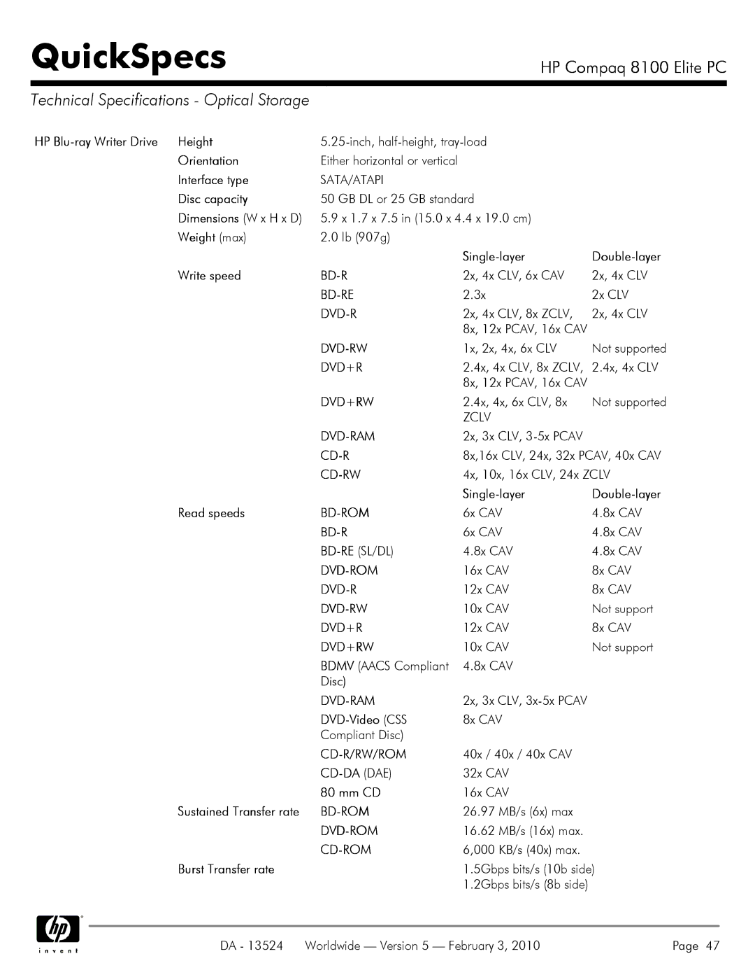 Compaq 8100 manual Technical Specifications Optical Storage 