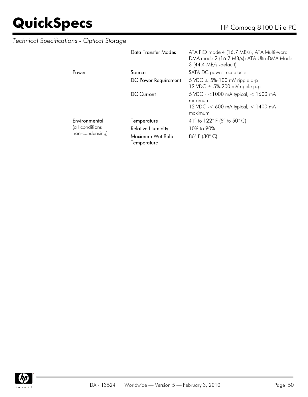 Compaq 8100 manual Data Transfer Modes, 44.4 MB/s -default, Environmental Temperature 