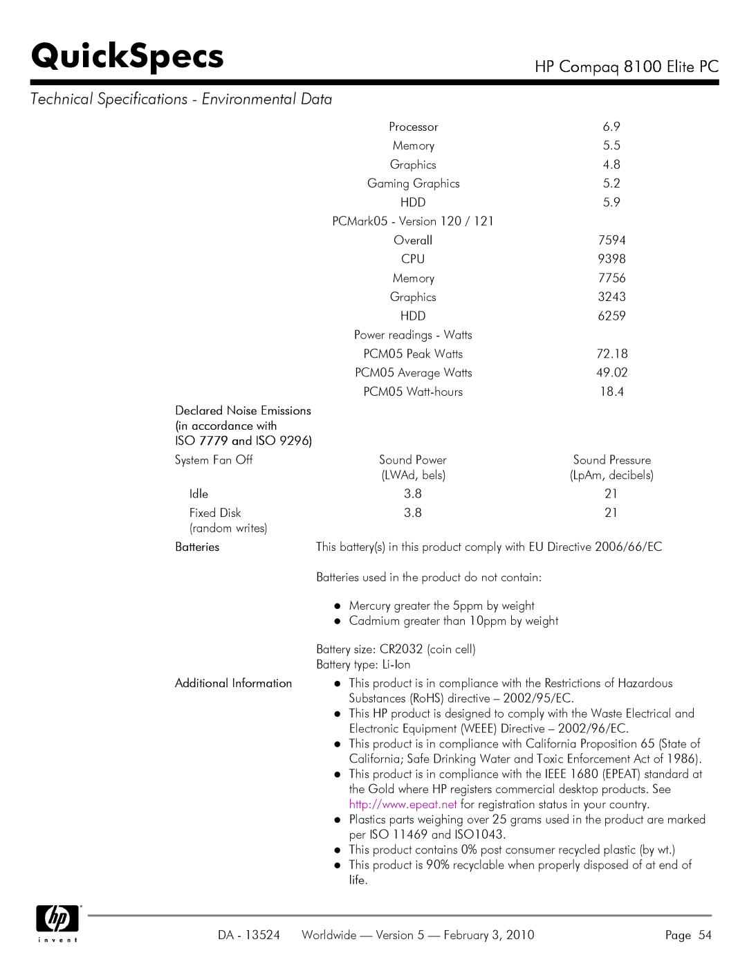 Compaq 8100 manual Declared Noise Emissions Accordance with ISO 7779 and ISO, Batteries, Additional Information 