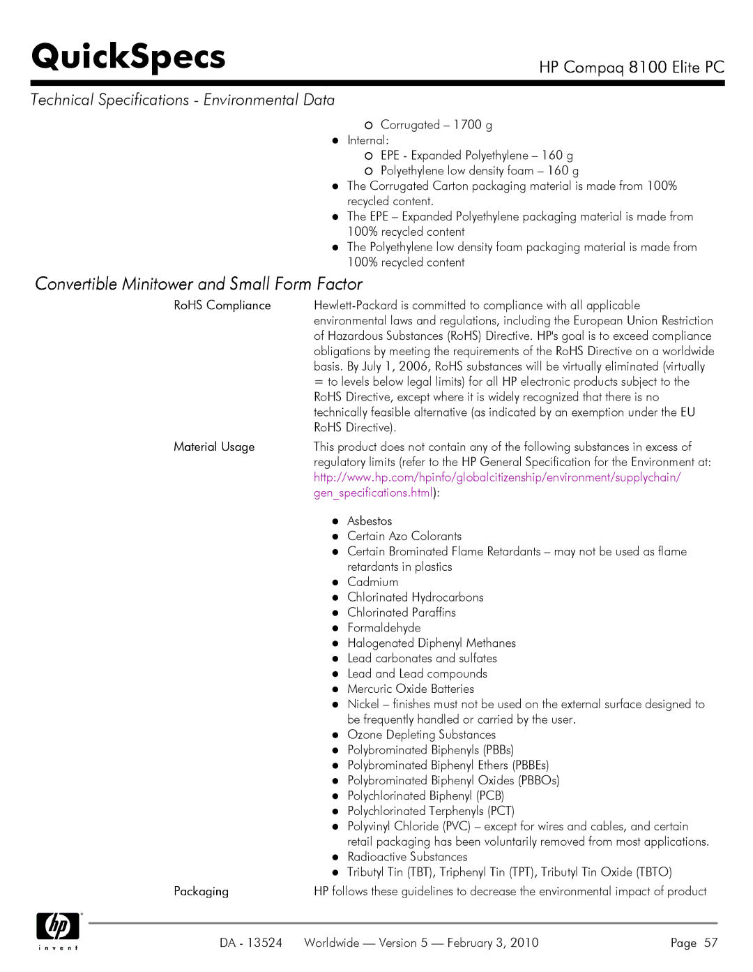 Compaq 8100 manual RoHS Compliance, Material Usage, Packaging 