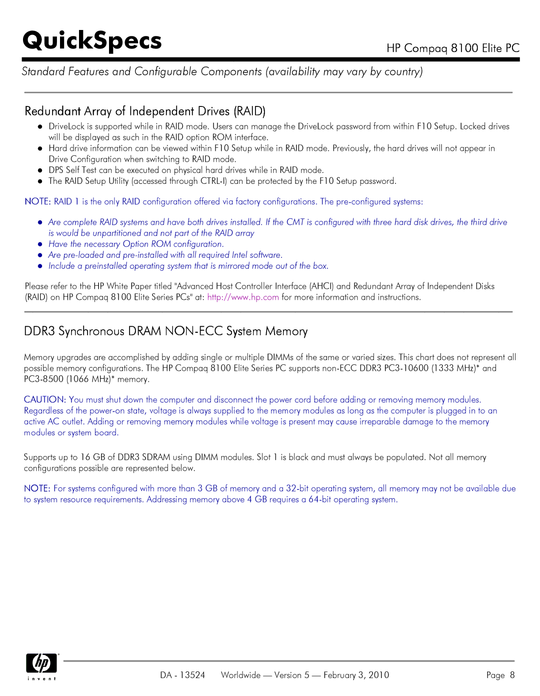 Compaq 8100 manual Redundant Array of Independent Drives RAID, DDR3 Synchronous Dram NON-ECC System Memory 