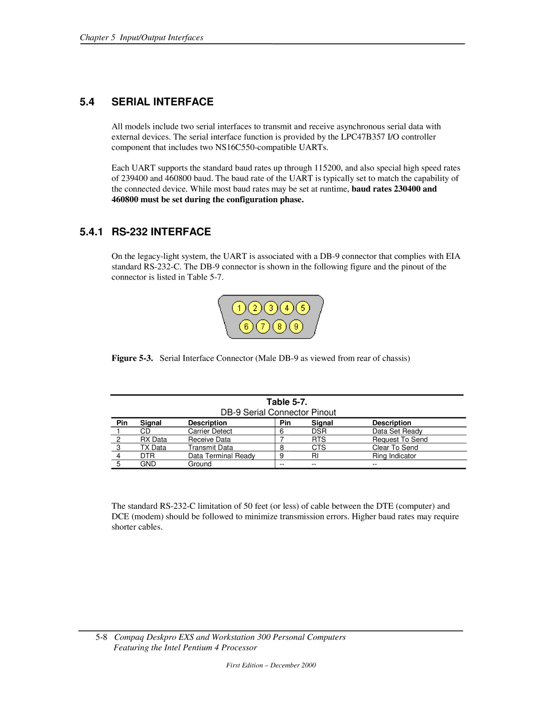 Compaq 850 manual Serial Interface, 1 RS-232 Interface, DB-9 Serial Connector Pinout 