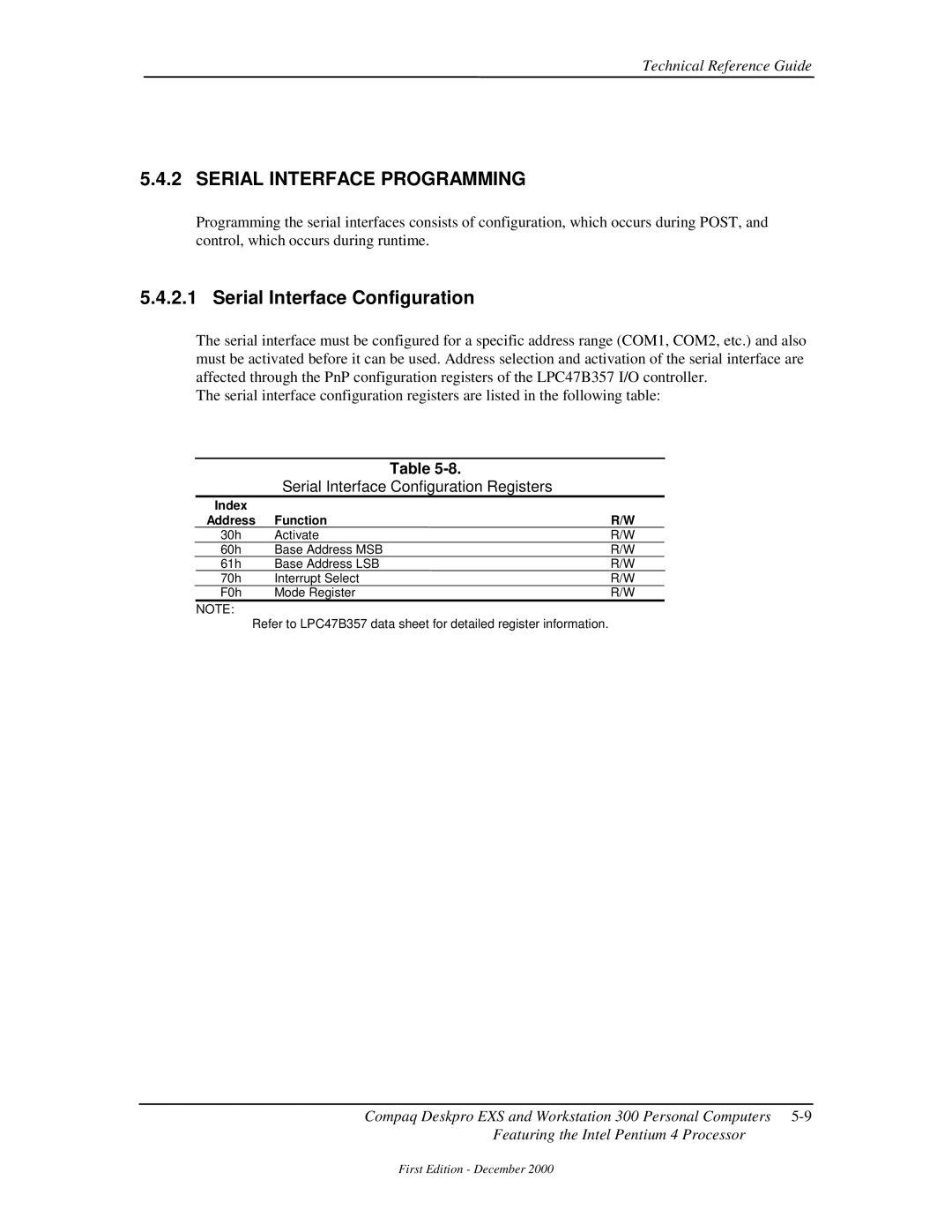 Compaq 850 manual Serial Interface Programming, Serial Interface Configuration Registers 