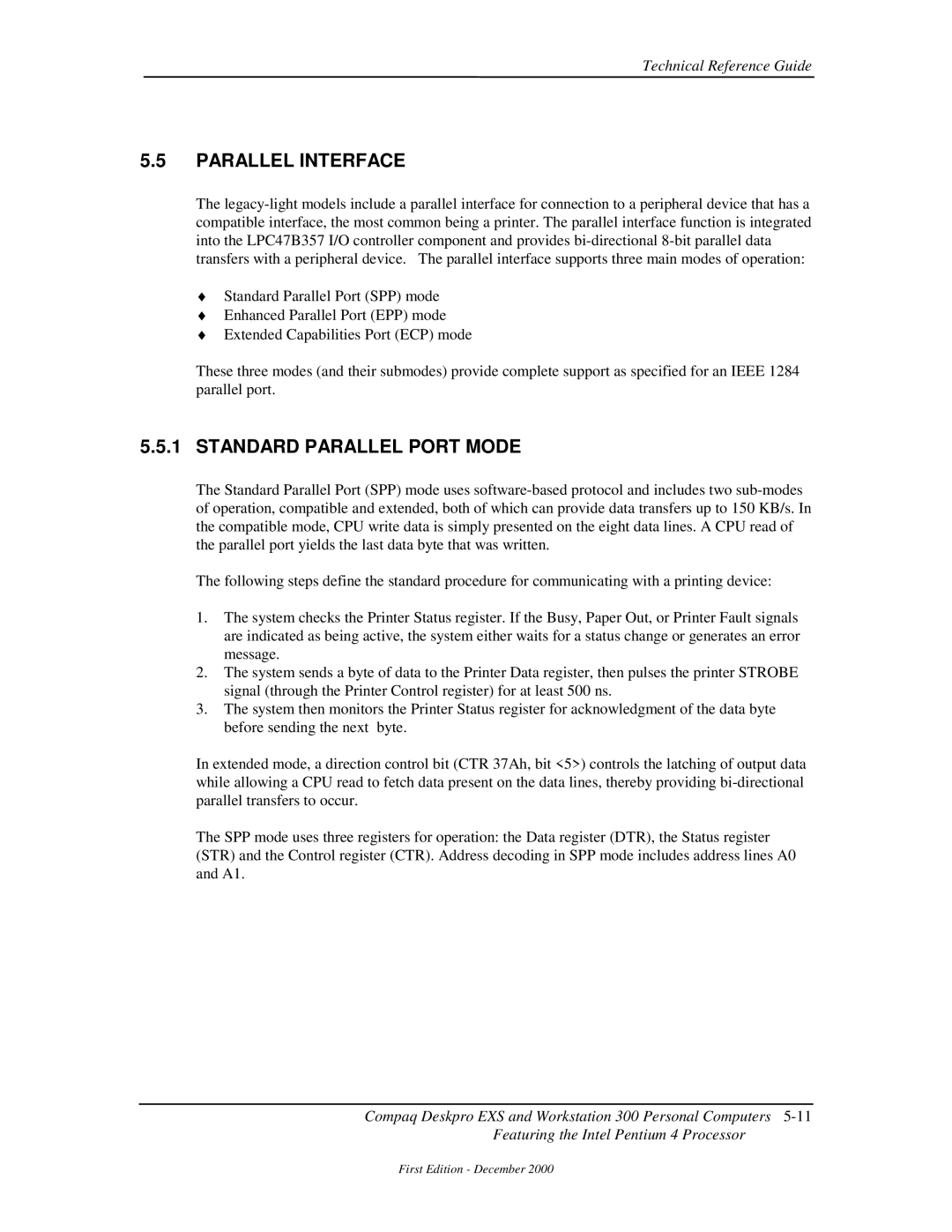Compaq 850 manual Parallel Interface, Standard Parallel Port Mode 
