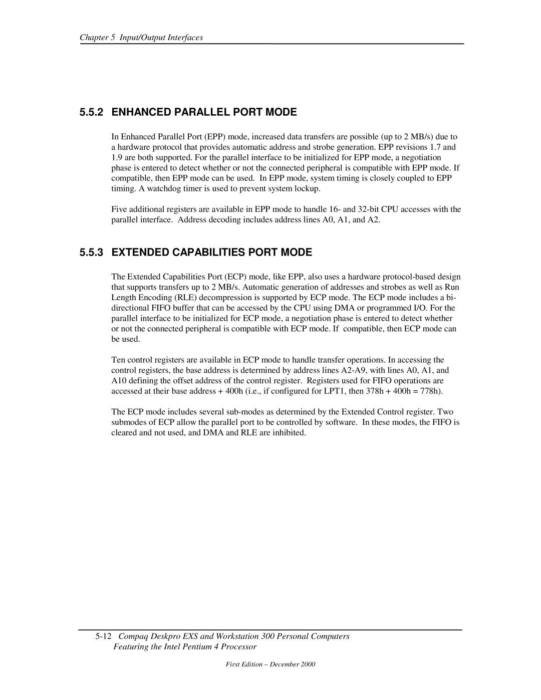 Compaq 850 manual Enhanced Parallel Port Mode, Extended Capabilities Port Mode 