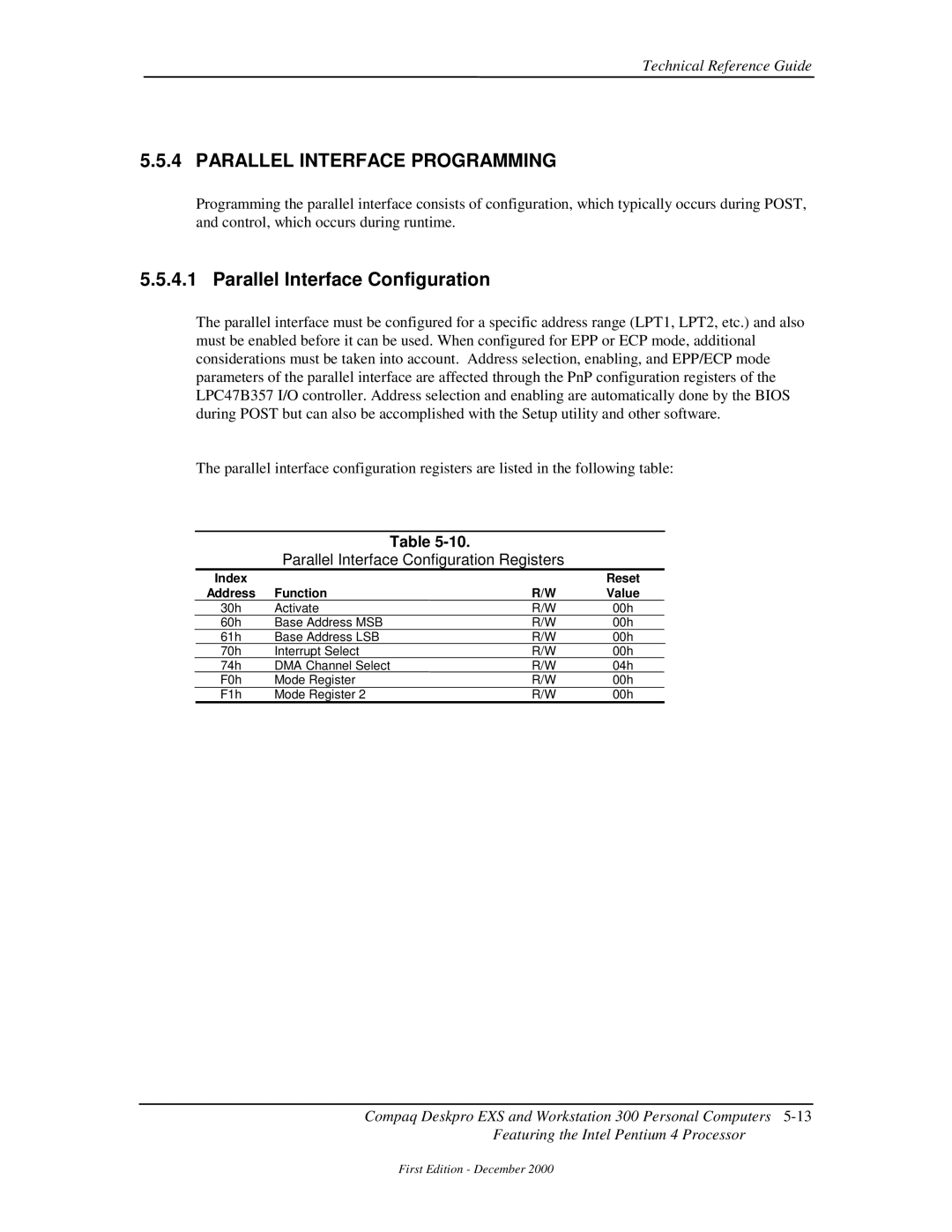 Compaq 850 manual Parallel Interface Programming, Parallel Interface Configuration Registers 