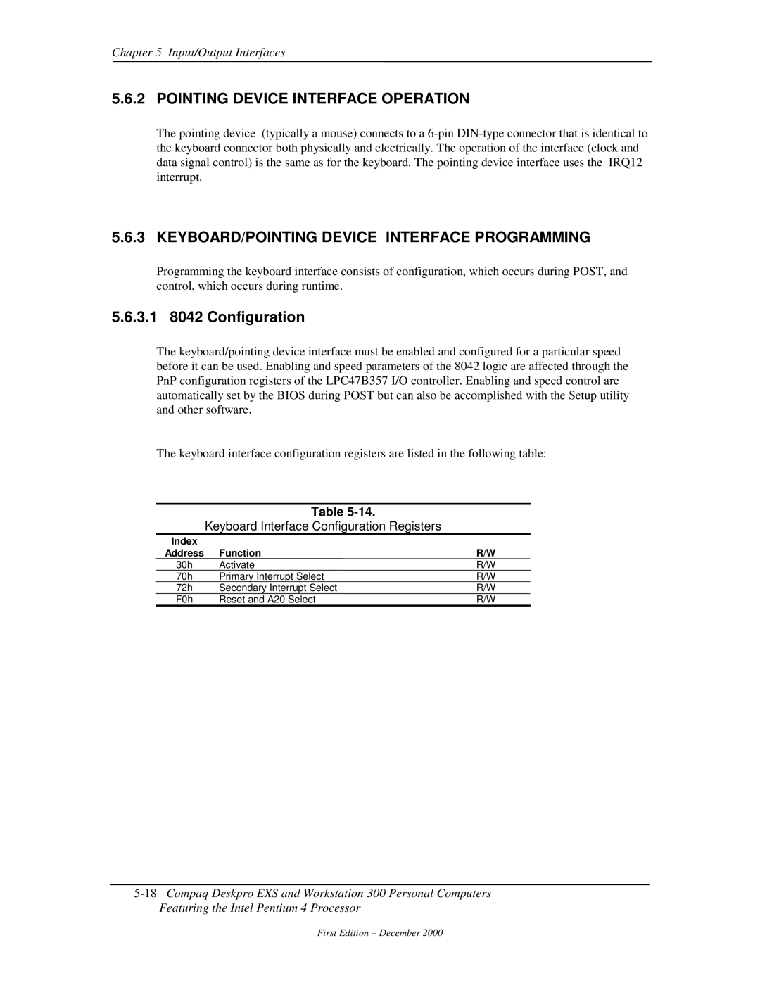 Compaq 850 Pointing Device Interface Operation, KEYBOARD/POINTING Device Interface Programming, 3.1 8042 Configuration 