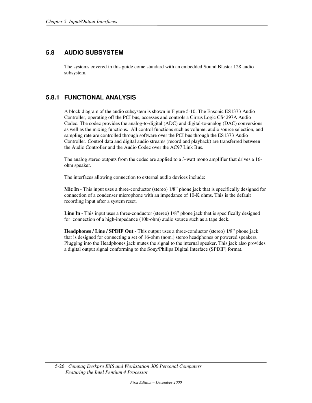 Compaq 850 manual Audio Subsystem, Functional Analysis 