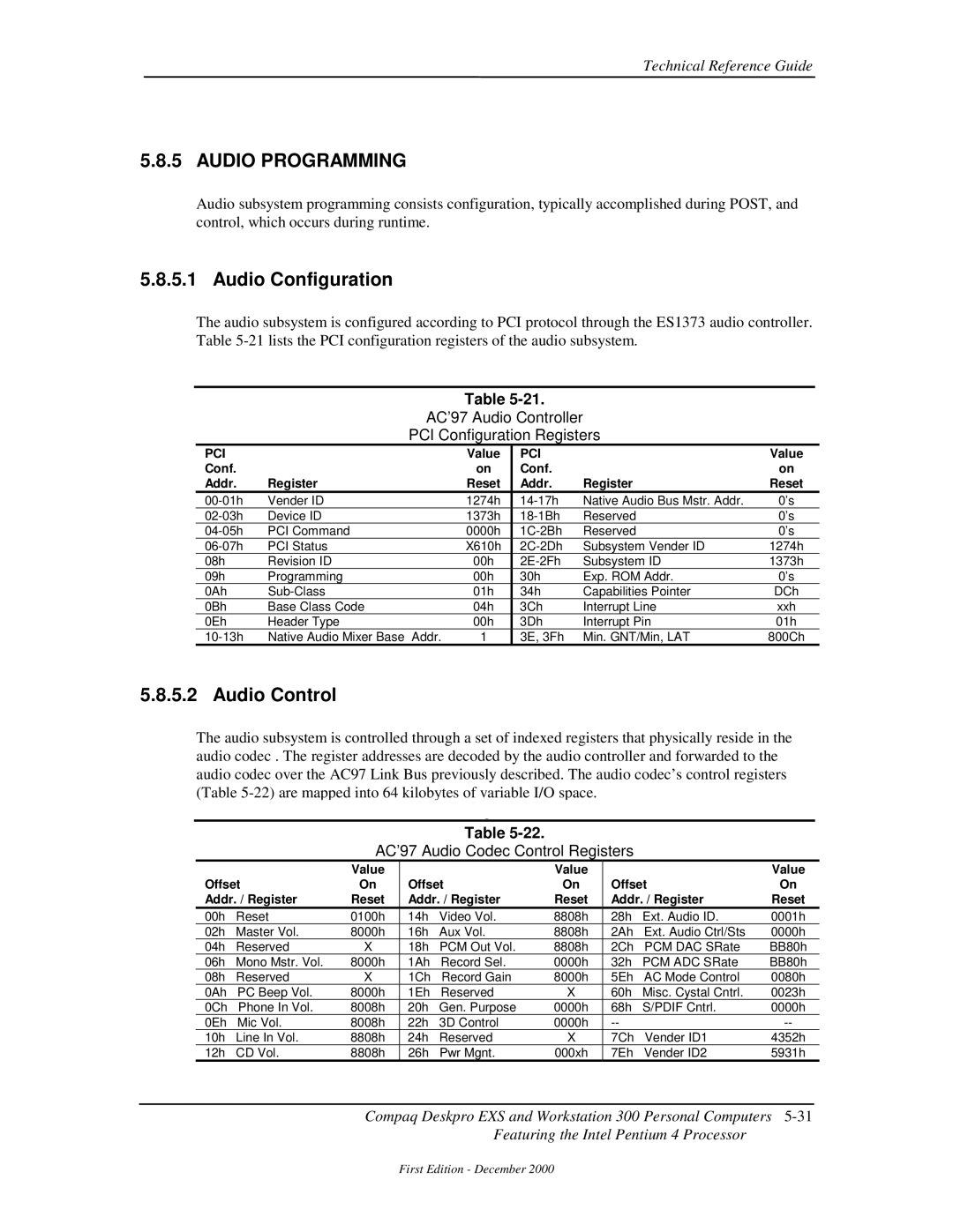 Compaq 850 manual Audio Programming, Audio Configuration, AC’97 Audio Controller PCI Configuration Registers 